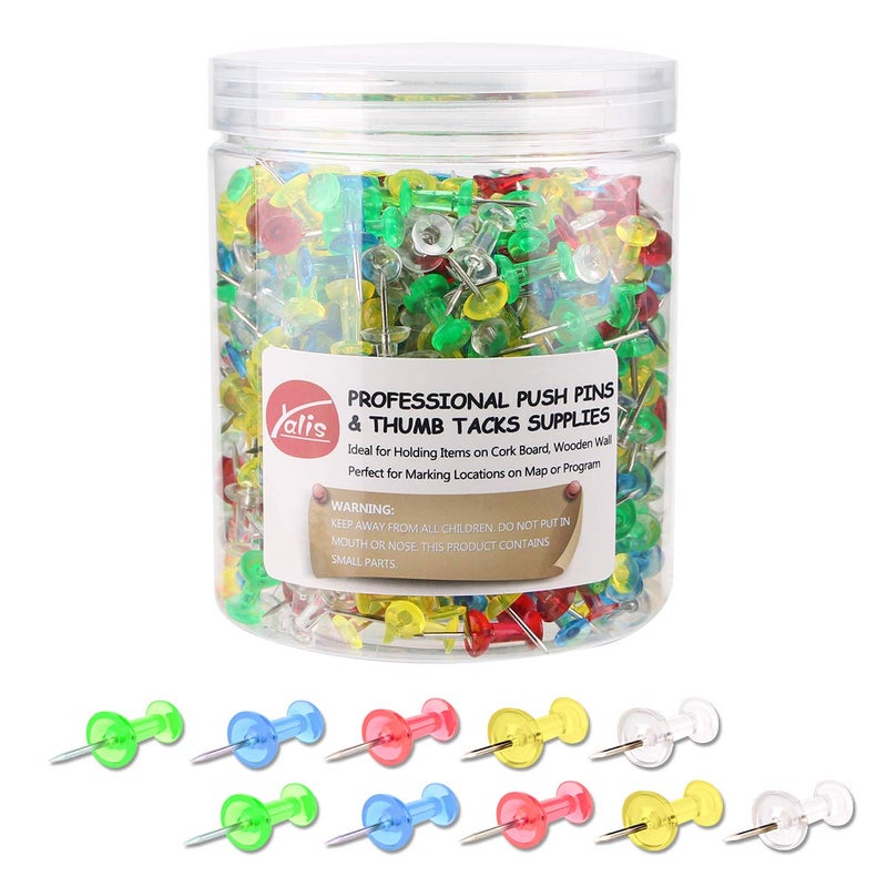 Yalis Push Pins 600 Count Clear Multicolored, Standard Thumb Tacks Steel Point and Clear Multi-Colors Plastic Head - Image 1